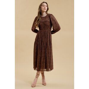 By the River Brown Long Sleeve Floral Cottagecore Prairie Midi Dress Size M